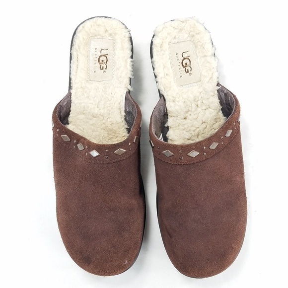 UGG Fiona Suede Mule Slip On Clog Shoes Brown Sz 8 Shearling 5546 Copper Studded - Picture 2 of 16